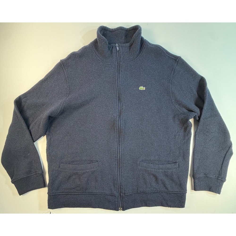 Lacoste Mens Navy Blue Wool Cashmere Blend Full Zip Cardigan Sweater Size 7 XL